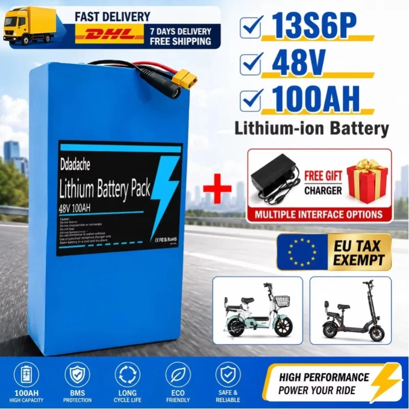 Neuer 48V 100000mAh 13S6P 18650 Hochleistungs-Lithium-Ionen-Akku, 500W-2000W Hochleistungs-Upgrade, geeignet für Elektroroller-Akkus mit BMS+Ladegerät
