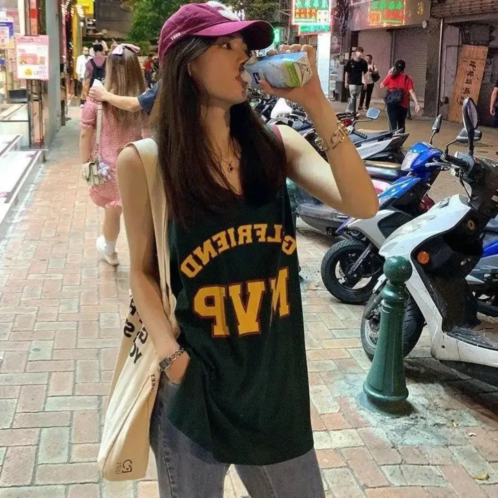 English Letters Sports Tank Top INS Printed Loose Vest Shirt Basketball Long Tee Sleeveless Tops Women