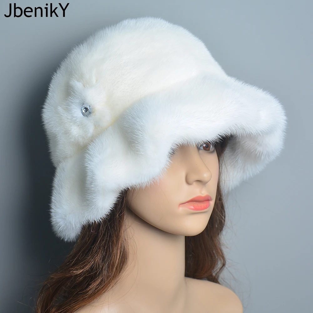 

Winter Fur Hats Women Stylish Warm Natural Whole Mink Fur Luxury Caps Earflap High Quality Hat anti cold Snow Hat