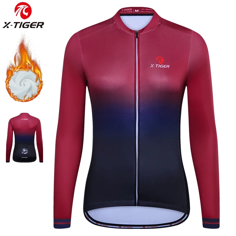 X-TIGER Cycling Jerseys Lady Winter Thermal Biking Jersey Long Sleeve Keep Warm Gradient Series Sport Running Bicycle Shirts