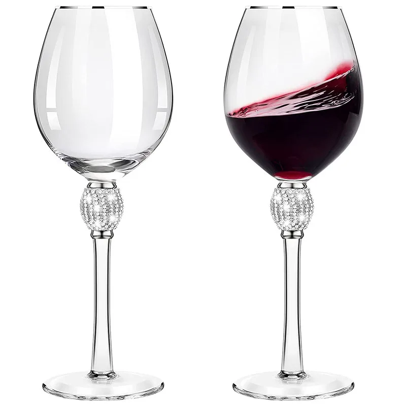 2Pcs Crystal Silver Diamond Red Wine Glasses Set Elegant Rhinestone Decorative Long Stem Champagne Flutes Cocktail Glass Gifts