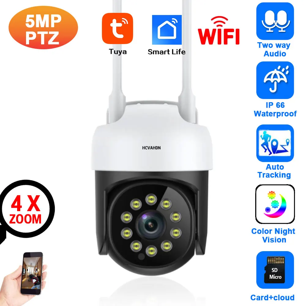 

Tuya 5MP WiFi IP PTZ Camera Outdoor Color Night Vision Wireless CCTV Surveillance Camera Auto Tracking Smart Life Security Cam