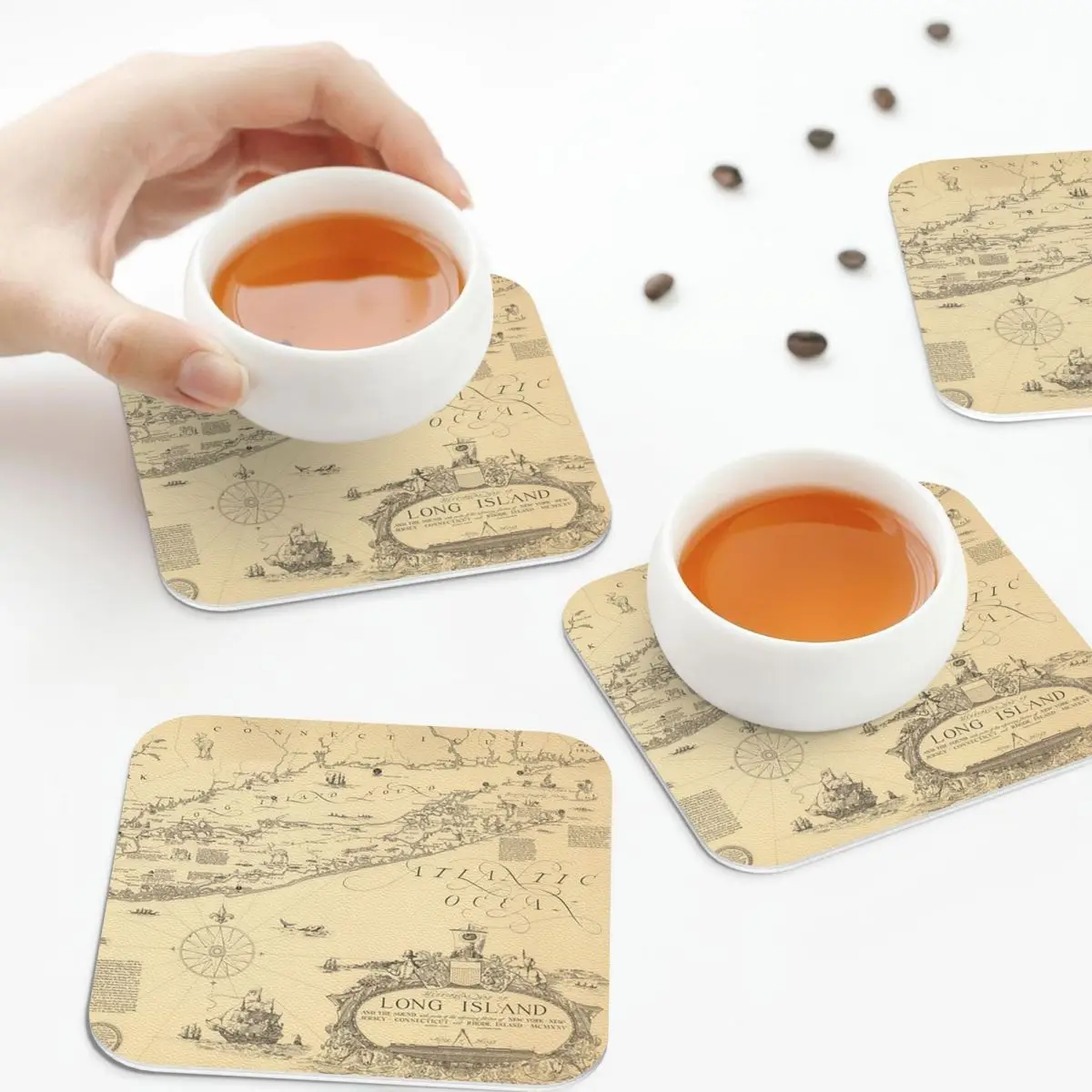 

Карта Нью-Йорка Старый Лонг-Айленда (1925) Винтажные подставки Nassau & Suffolk New York Atlas Кожаные салфетки Изоляционные кофейные коврики