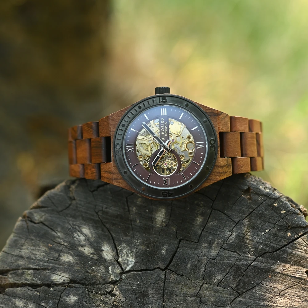 BOBO BIRD Men Mechanical Watch New Top Wood Sport Wristwatches Hollow Out Automatic Mechanical Watch Custom Great Gift Box