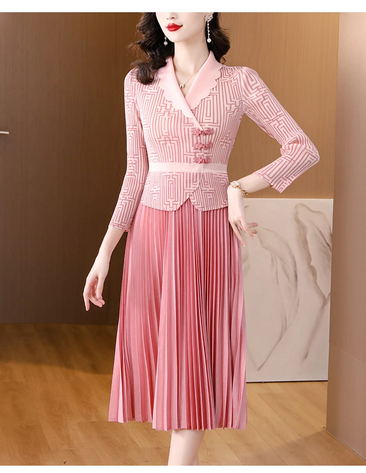 Spring Dress Women Fashion Pleated Print Stand Collar Single-Breasted Beaded Three-Quarter Length Sleeves Cardigan
