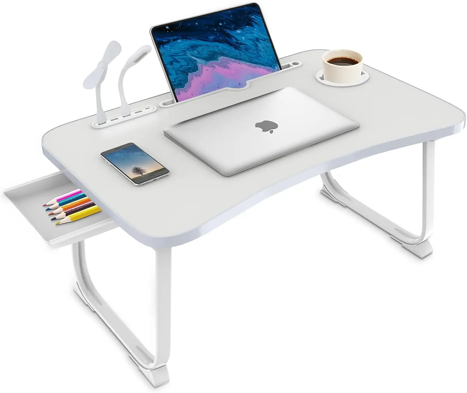 

Portable Foldable Laptop Bed Desk with USB Ports, Storage Drawer & Cup Holder for Working, Reading & Eating