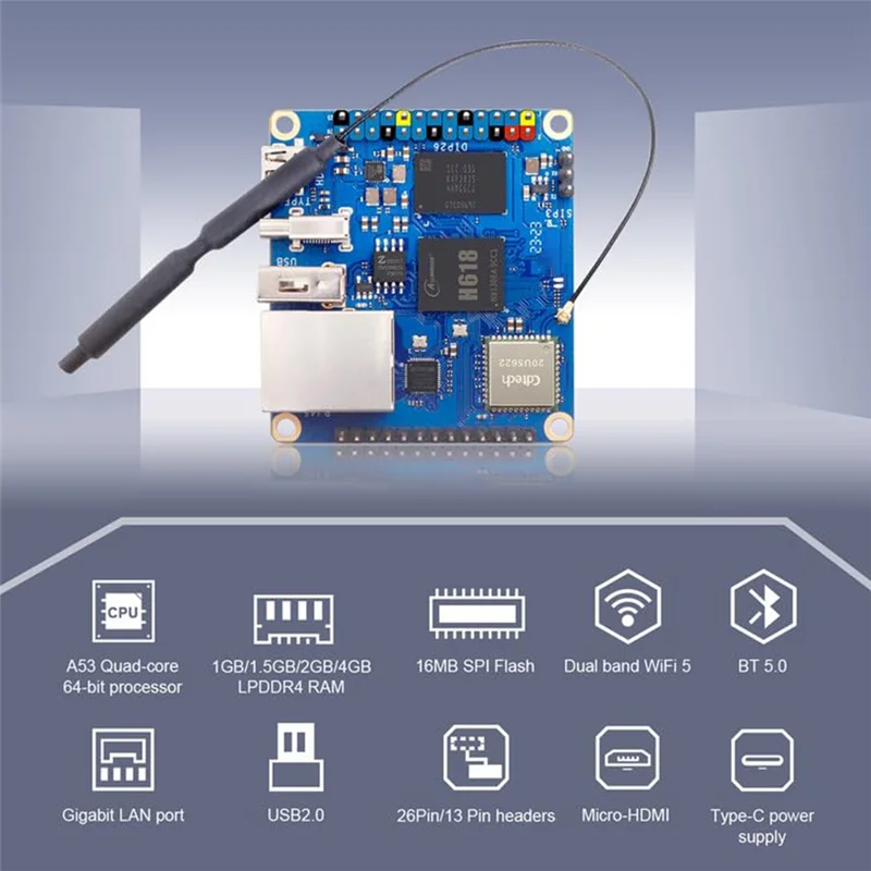 Placa de desenvolvimento Orange Pi Zero 3, 1GB RAM, H618, WiFi5 + BT 5.0, Gigabit, LAN, Android 12, Debian12