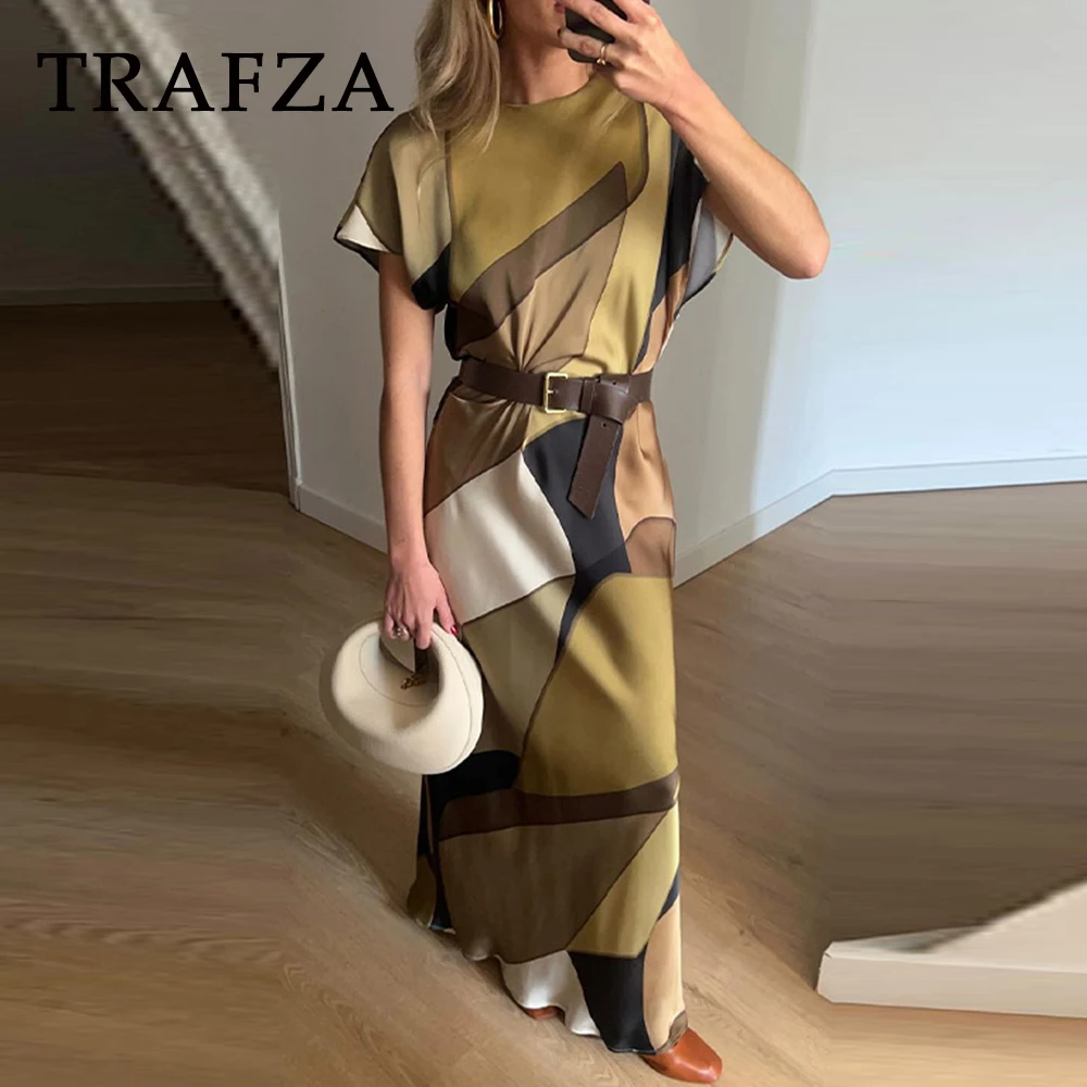 TRAFZA Chic Patchwork primavera 2025 Vestido estampado Midi Tank Vestido de mujer largo plisado ajustado moda verano elegante Vestido de vacaciones