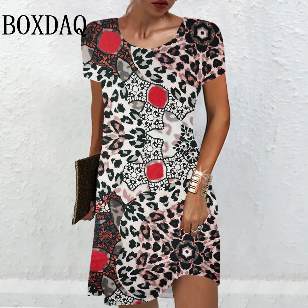 2024 Short Sleeve Women Mini Dress Summer New Fashion Elegant Ladies Plus Size Dress Casual Loose Abstract Leopard Print Dresses