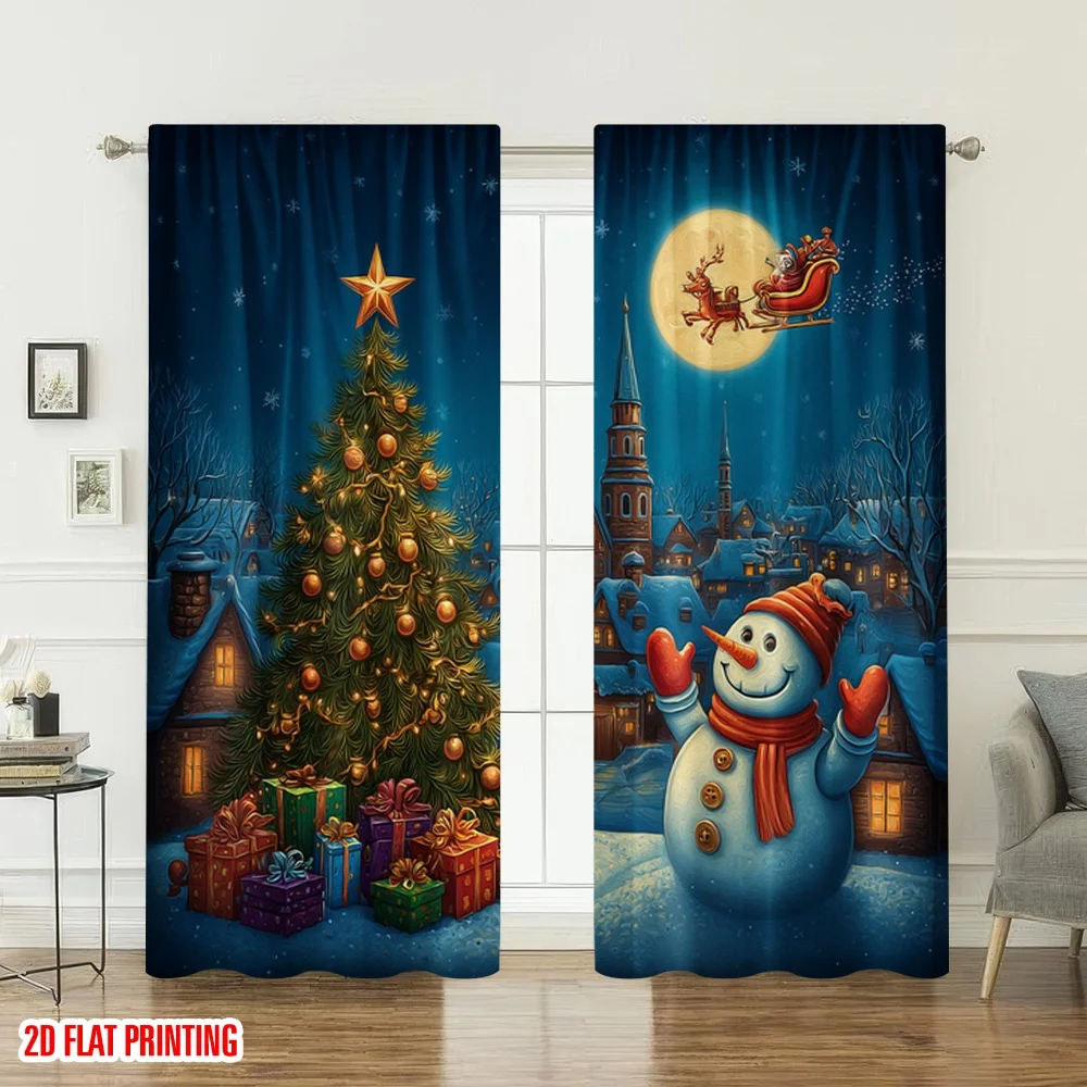 2pcs 2D flat printing Happy Christmas Scene Curtains Christmas Scene Snowman Santa Village Digital Printed Polyester Drapes
