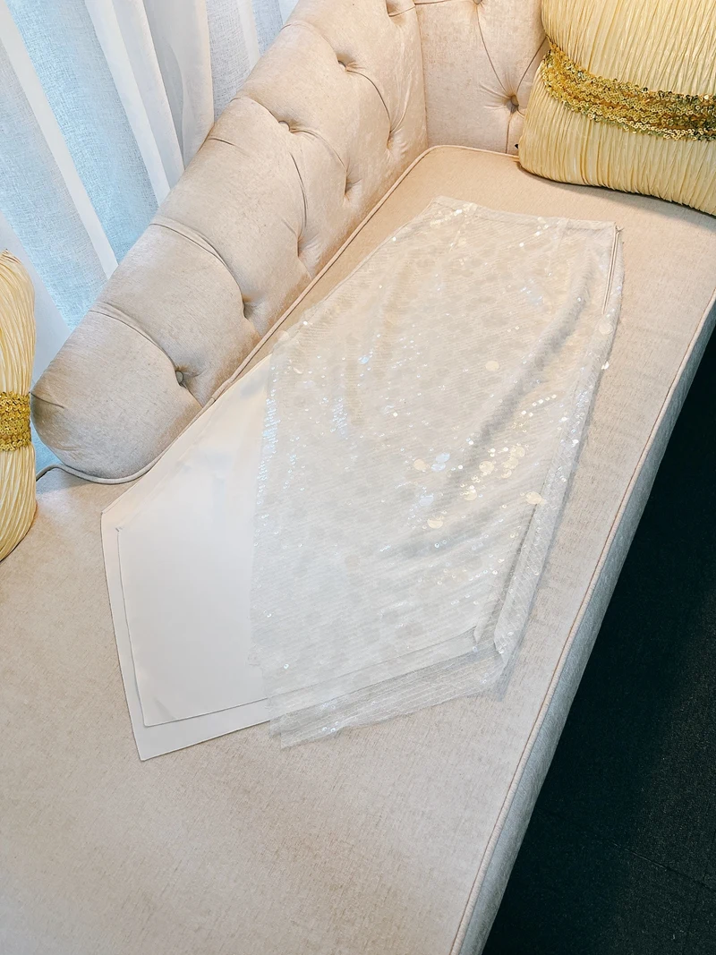 

Elely Fene White Fairy T Mermaid Sequined Asymmetrical f-meter Balowns Luxury Ladylike Premium Feel Skirts