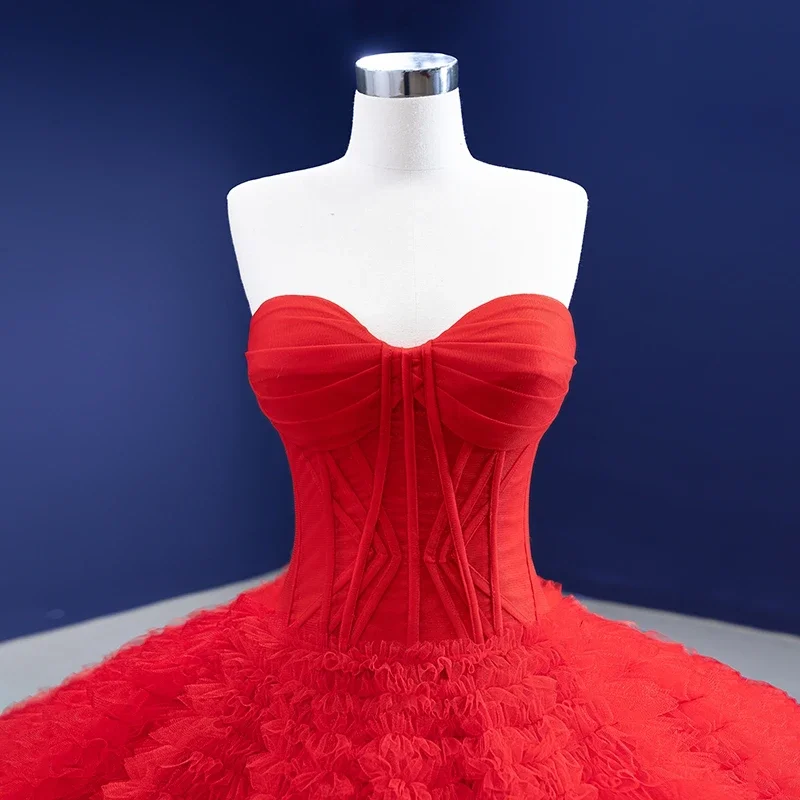 Red Strapless Evening Dress Slim Frill Ball Gown Backless Banquet Prom Lace Evening Party Event Gown Princess Dresses