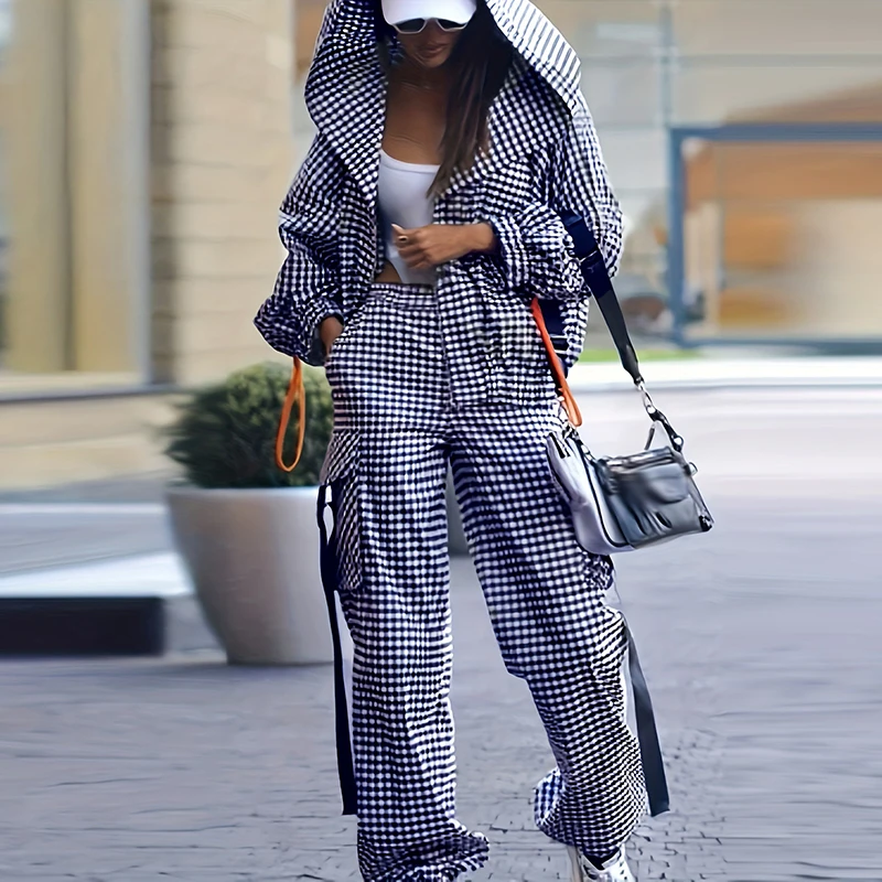 2026 Autumn Fashion Plaid Suit Casual Zipper Long Sleeved Outdoor Sports Outfit Comfortable Pocket Hooded Jacket+Pants Two Piece