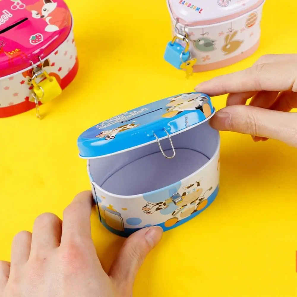 With Lock and Key Tinplate Piggy Bank Cartoon Print Design High Capacity Coin Savings Box Iron Art Cute Storage Jar Home