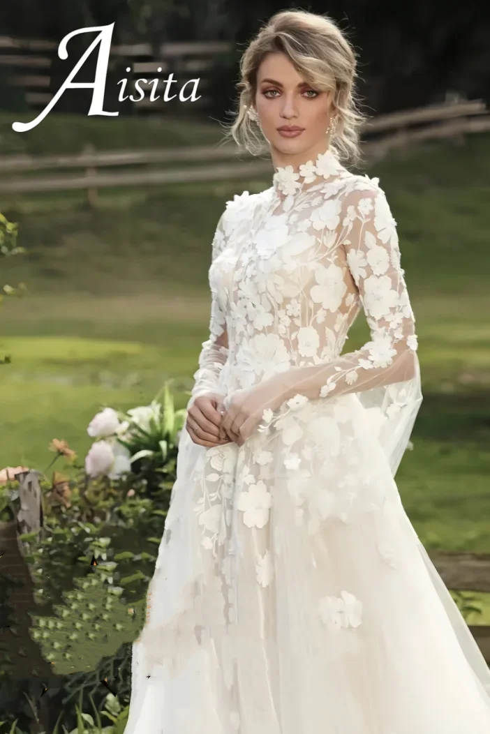 Customized A-Line High Neck Tulle Applique Bridal Gown Long Sleeves Wedding Dresses Floor Length Bride Dress Vestidos De Novia