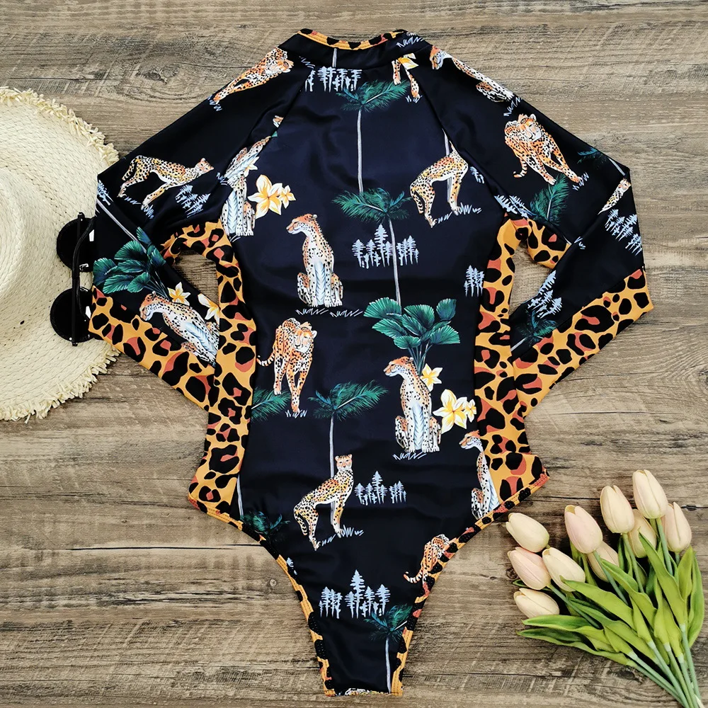 Women's Rashguard Zipper Long Sleeve Surfing Printed Swimsuit Women 2024 One Piece Bodysuit Push Up UV Protection Swimsuit Lady