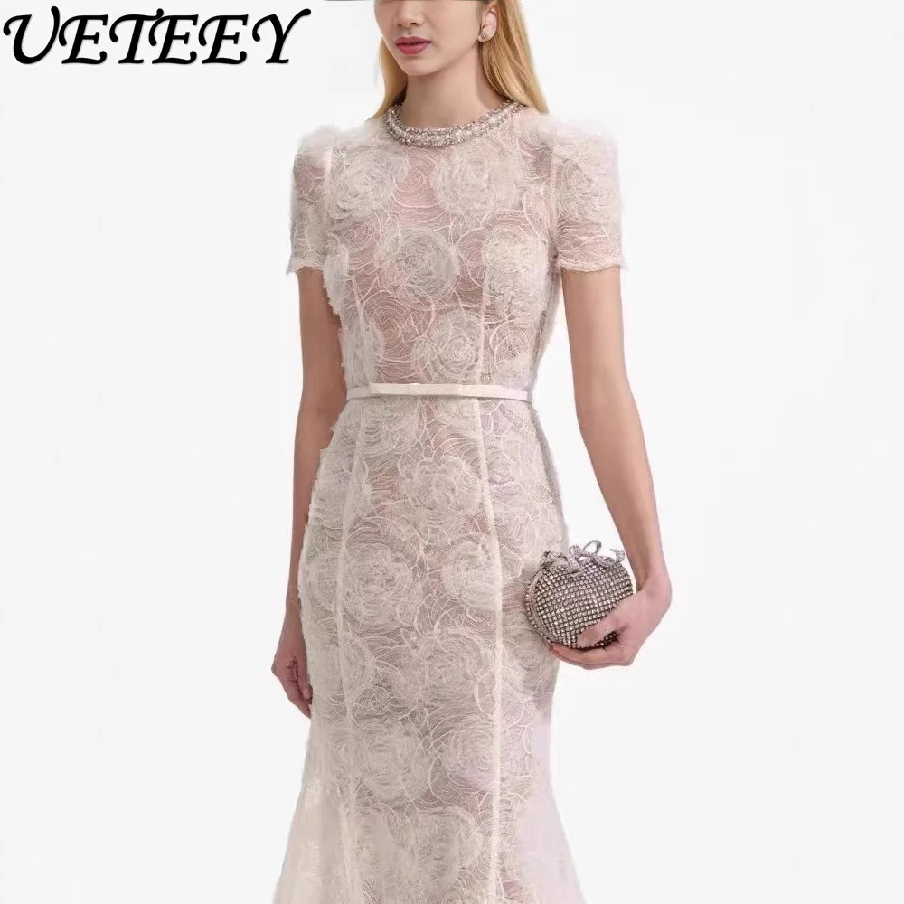Primavera novedad de verano vestido largo de encaje de manga corta con cuello redondo elegante de cintura alta ajustado vestidos de fiesta de longitud media para mujer
