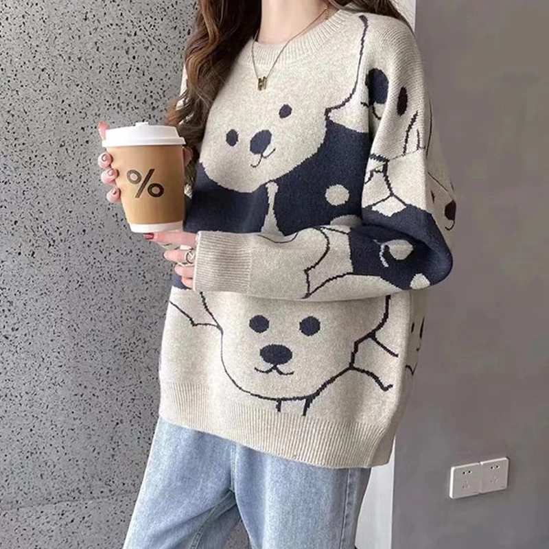 Women Trendy Funny Kawaii Cartoon Bear Casual Streetwear Y2K Knitted Sweaters Winter O Neck Long Sleeve Loose Fleece Pullovers