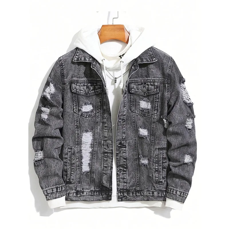 Men's Distressed Denim Jacket Korean Style Loose Fit Casual Coat Trendy Oversized Boyfriend Jean Jacket for Spring Autumn
