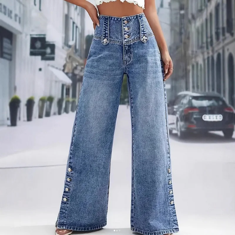 Women's High Waist Retro Button Wide Leg Cowboy Pants Spring/Summer 2026 Stir-Fried Flower Split Design