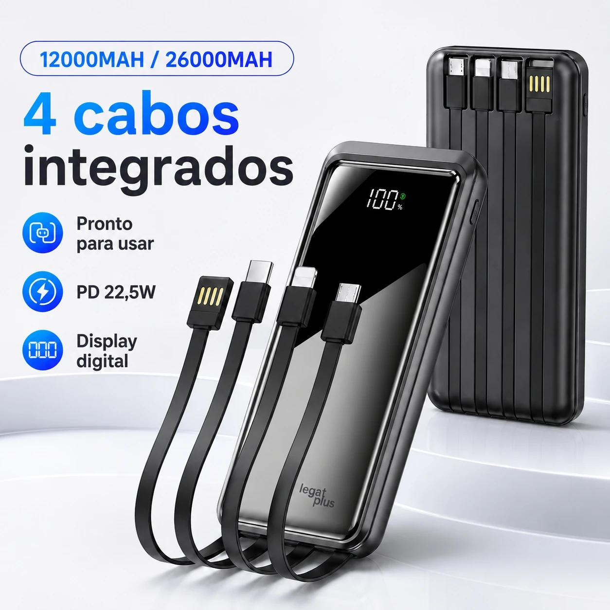 Power Bank 12000mAh / 26000mAh Com Proteção Elétrica, Tela de Porcentagem, Cabos Embutidos USB Tipo-C