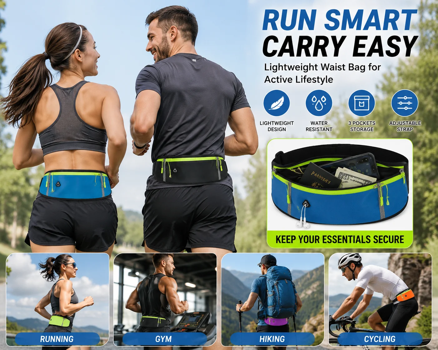 Simple Multifunctional Waist Pack With Reflective Strip Three Pockets Wearable Belt Storage Bag For Gym Outdoor
