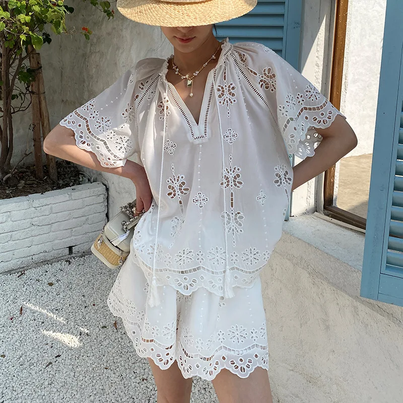 

White Boho Floral Embroidered Blouse Shirt Women Tassel Tie Lace Hollow Out Sexy Short Sleeve Vocation Casual Ladies Summer Tops