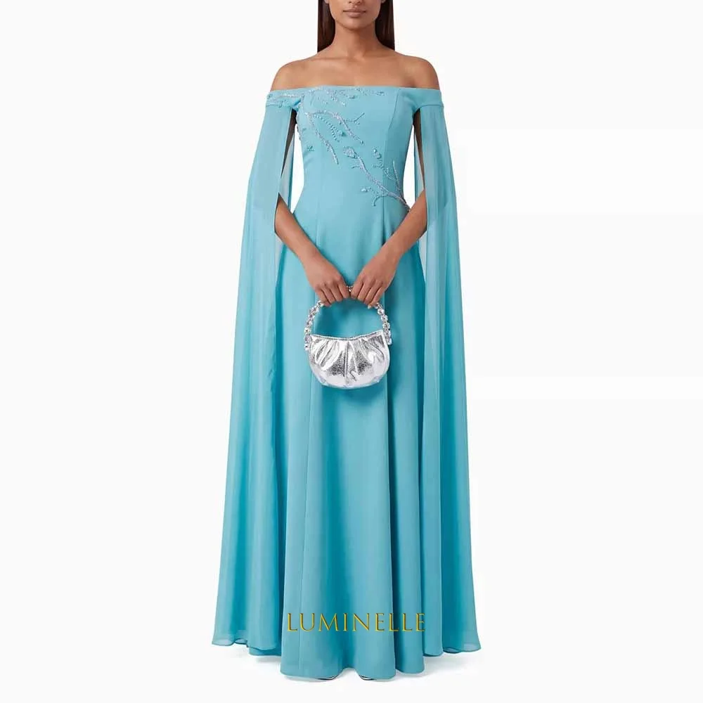 Boat Neck Crepe Evening Dresses with Shawl Bare Shoulder Beads Embellished Draped A-line Formal Prom Dress for Women Customized