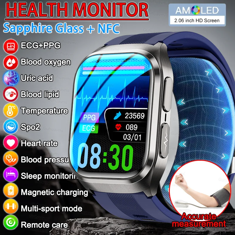 

ECG Smart Watch Air Bag Measure Blood pressure oxygen Heart Rate Sport Fitness Call Health Blood Fat Sapphire Smart Watch NFC