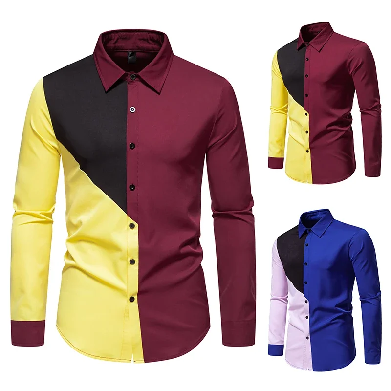 

Europe and The United States Men's New Lapel Splicing Color Suit Dress Fashion Breathable Long Sleeve Mens Shirts