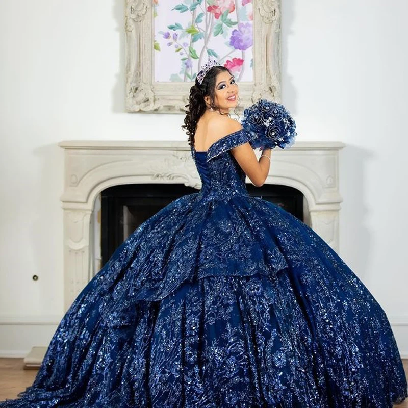 Navy Blue Quinceanera Dresses Beaded Sequined Appliqué Lace Sweet 16 Dress Ball Gown Lace Up vestidos de 15 años