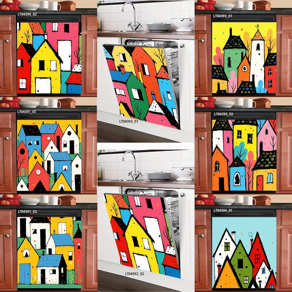 

Colorful Cartoon House Dishwasher Cover, Vibrant Folk Art Village Print, Waterproof Kitchen Decor