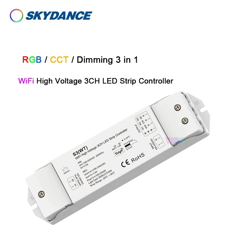 

10V-220V AC High Voltage WiFi RGB/CCT/Dimming 3 in 1 LED Controller 3CH Tuya APP 12.4G color/RGB/single color LED Strip dimmer