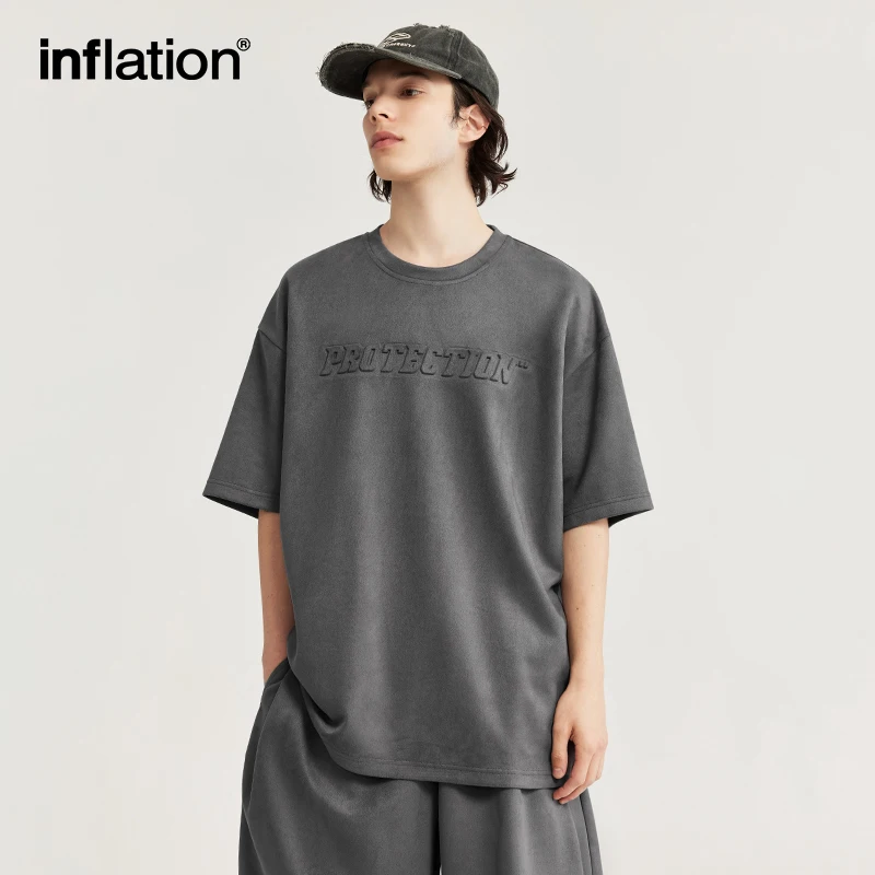 INFLATION Summer Oversized Tracksuit Set Unisex Suede Fabric Embossed T-shirts and Shorts Set