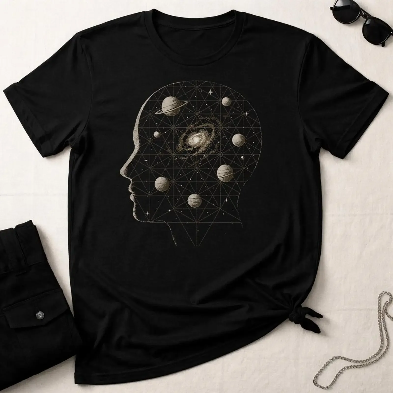 Head Full of Space Planets T Shirt Galaxy Inside Mind Silhouette Celestial Universe Cosmic Consciousness Art  vintage Washed
