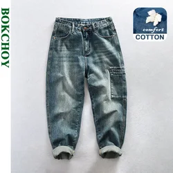 Spring Autumn New Cotton Retro Washed Jeans Men Clothing Casual Loose Straight Men Trousers AG7180