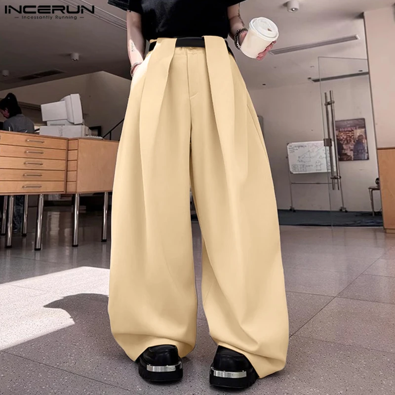 

INCERUN 2025 Men Pants Solid Color Button Joggers Pleated Male Wide Leg Pants Streetwear Oversize Fashion Casual Trousers Men