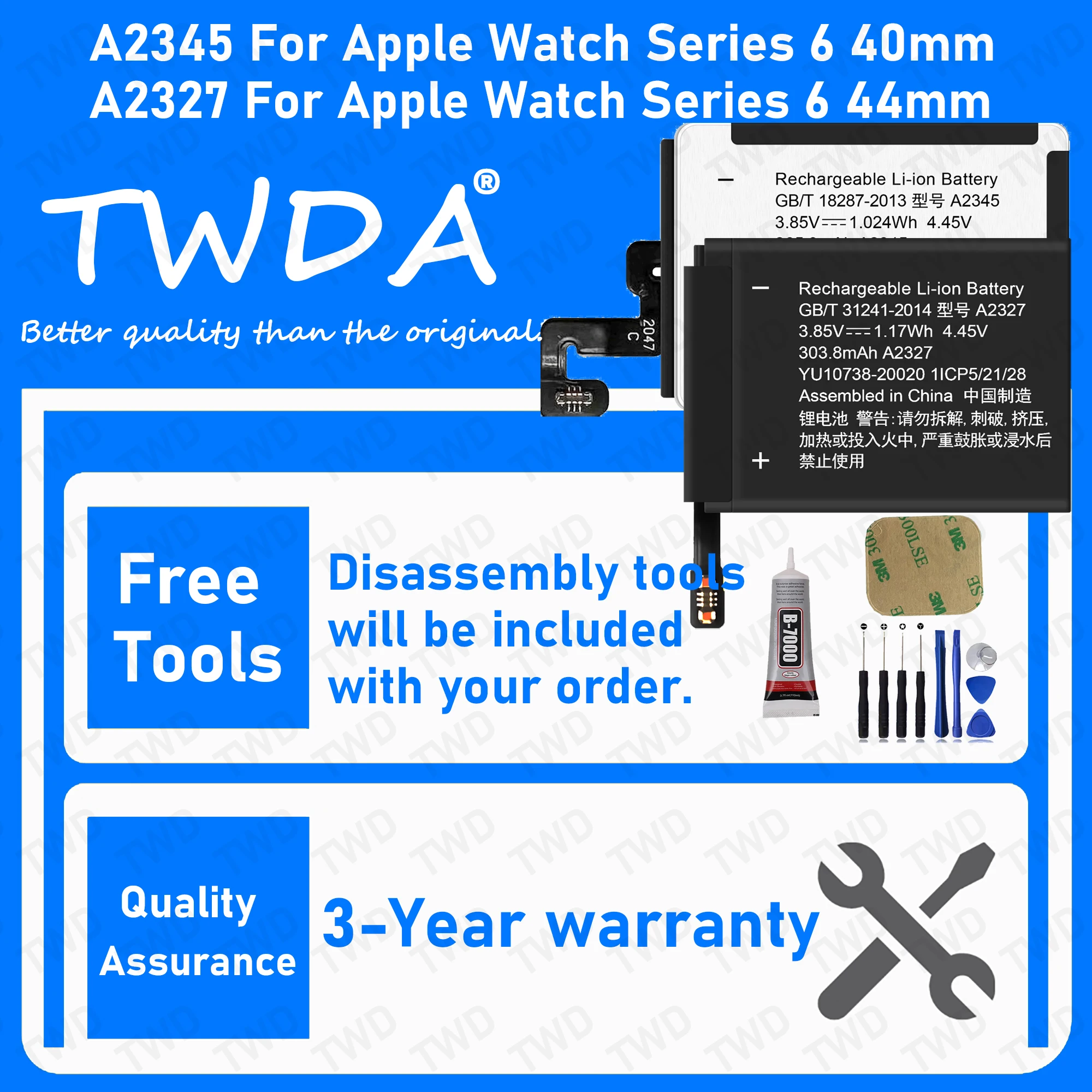 

A2345 A2327 Large capacity Battery For APPLE Series 6 40mm 44mm/iWatch 6 40mm 44mm SmartWatch Batteries +Free Tools