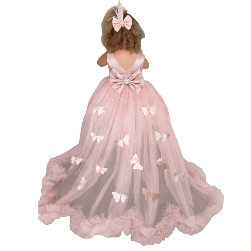 Ball Gown Flower Girl Dresses For Wedding With Detachable Train Toddlers Girls Ruffled Tulle Pageant Birthday Party Dress