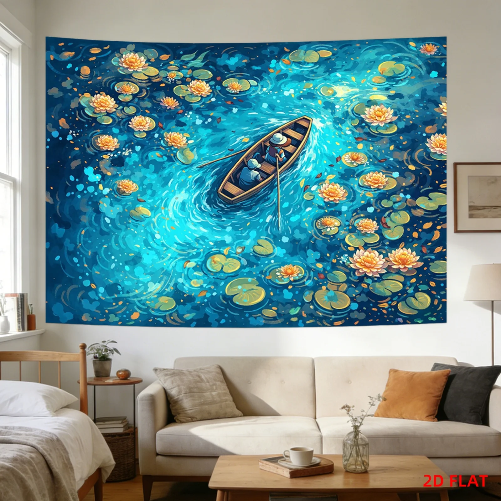 Boat on Water Lily Pond Tapestry with Two People Rowing and Floating Lotus Flowers 180x280cm Wall Decor