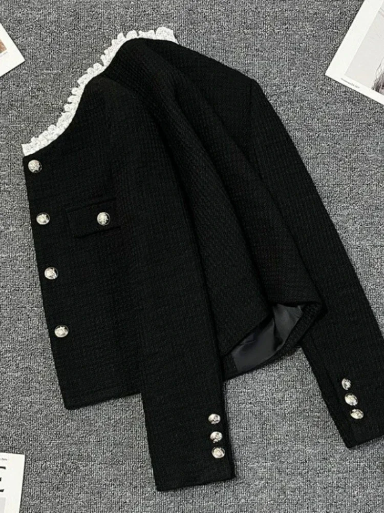Black Lace Neck Neck Suit Jacket Women's Clothing Temperamen Female Tops Vintage Outerwear Office Lady Tunic Chic Short Coats