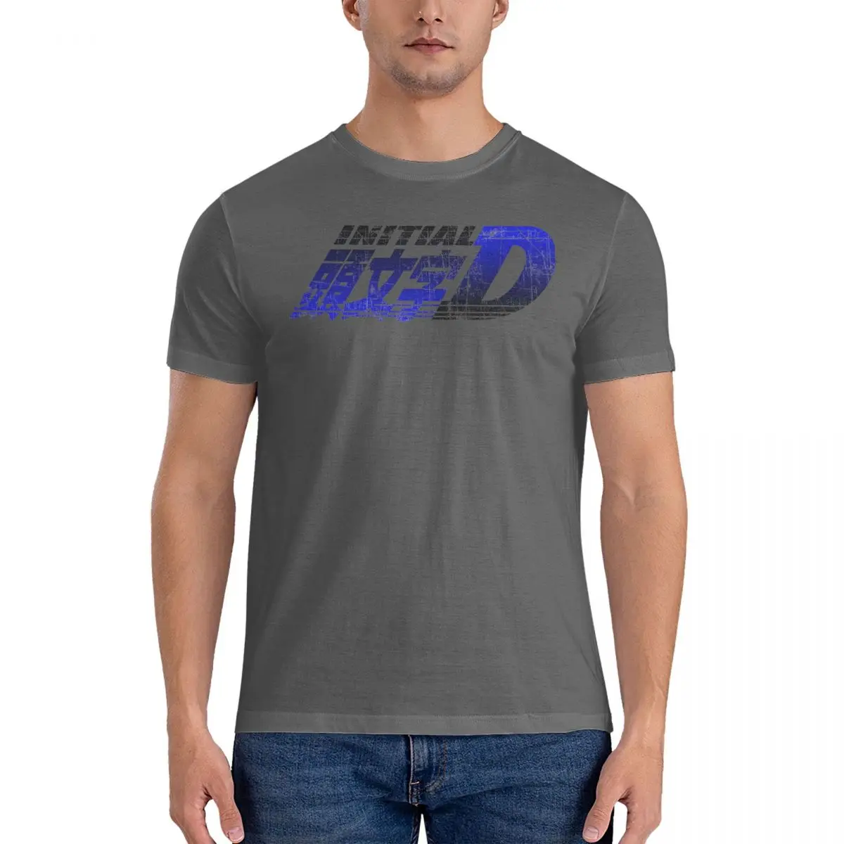 Initial D Gradient Blue Sticker T Shirts Men 100% Cotton Novelty T-Shirt O Neck Initial D Tees Short Sleeve Clothing Summer