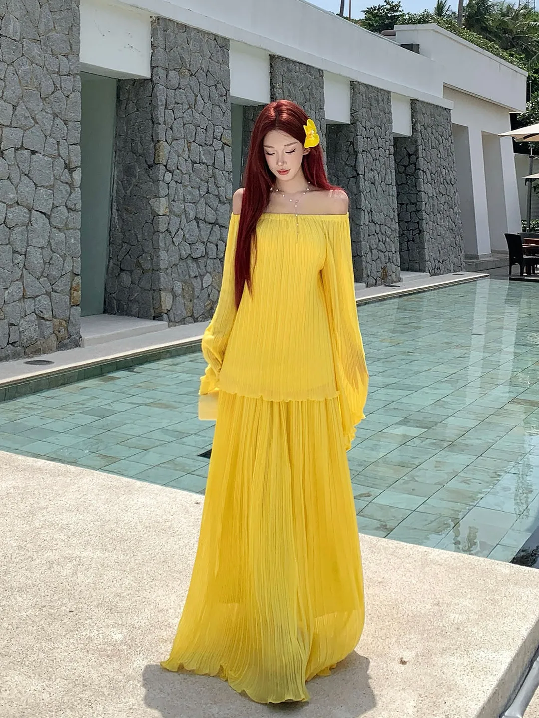 

Summer Beach Vaion Women's Long Sve Pleated ter Ne Skirt Set Island Bright Casual Faion Breathable Polyester