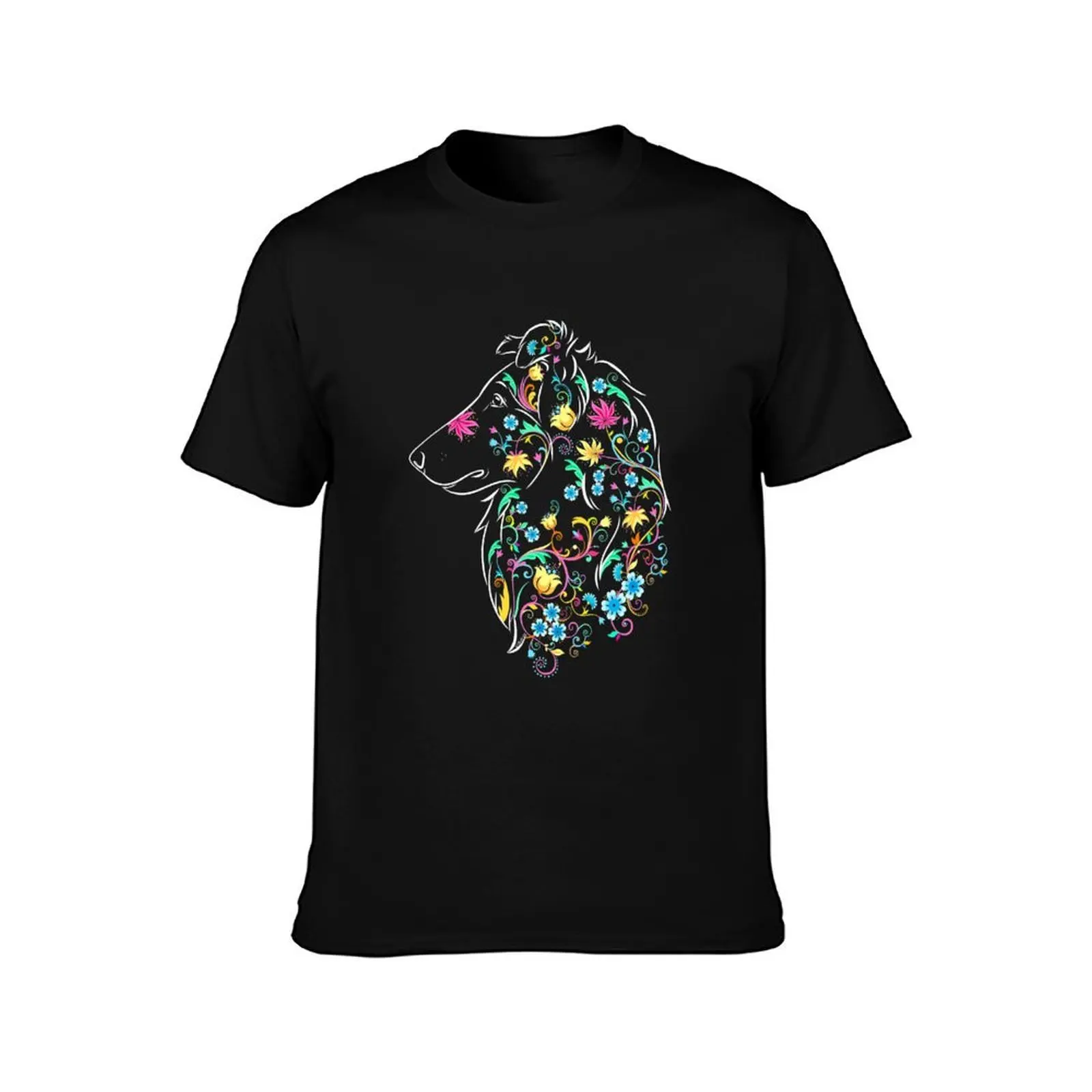 Flower Collie Colors T-Shirt, Summer Casual Cotton Tee, Oversized Streetwear Tops, Vintage Graphic Print, Loose Fit Short Sleeve
