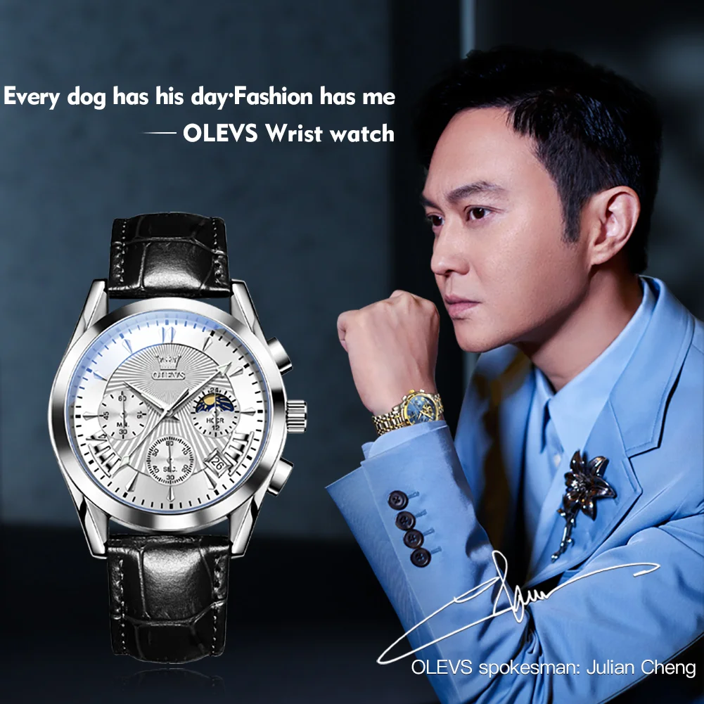 OLEVS 2876 Original Men's Watches Sport Chronograph Quartz Male Watch Waterproof Leather Strap Luminous Wristwatch 24 hour dial