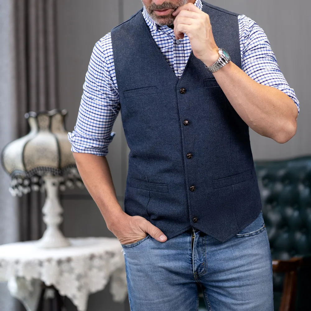 V-hals Herenkostuums Vest Casual Klassiek Formeel Zakelijk Visgraat Tweed Slim Fit Vest Voor Bruiloft Bruidsjonkers