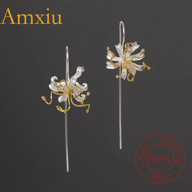 Amxiu Sterling Silver 925 Golden Flame With Gorgeous Gold Lantern Flower Artistic Style Earrings Beautiful Lightweight Design