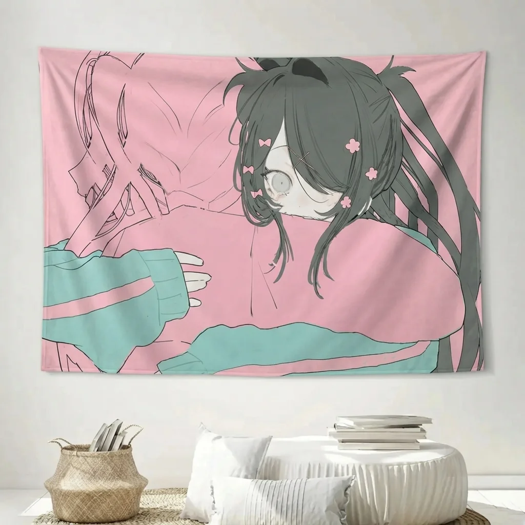 1pc Pastel Pink Yami Kawaii Anime Girl Tapestry Cat Ear Crying Girl Polyester Wall Hanging Grunge Harajuku Decor Dorm Goth Otaku