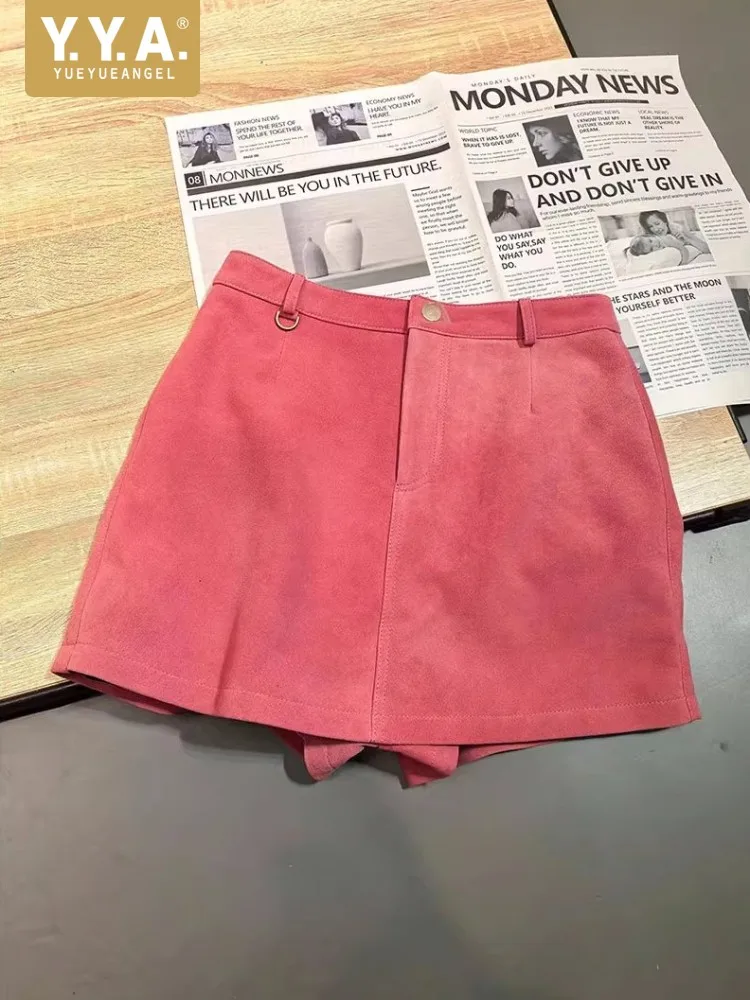 

Женские офисные мини-шорты-юбка выше колена из натуральной овечьей замши, осенние, А-силуэт, с высокой талией, модные, из натуральной кожи