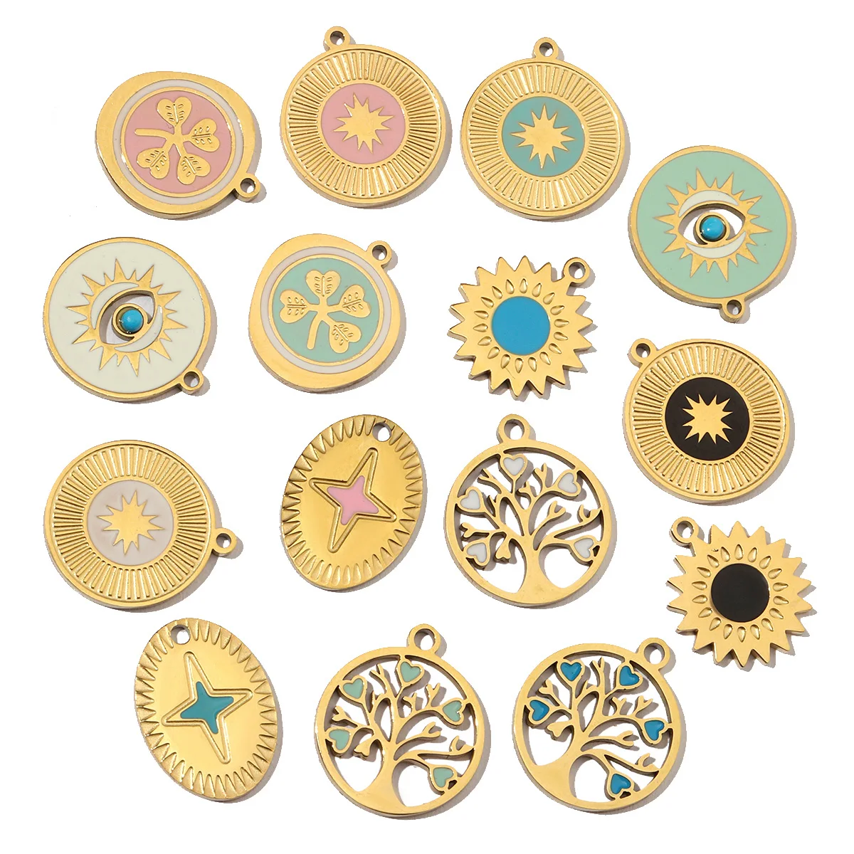 3pcs/Lot Steel 14K Gold Color Enamel Life Tree DIY Earrings Charms Female Star Eye Neaclace Pendant For Jewelry Making